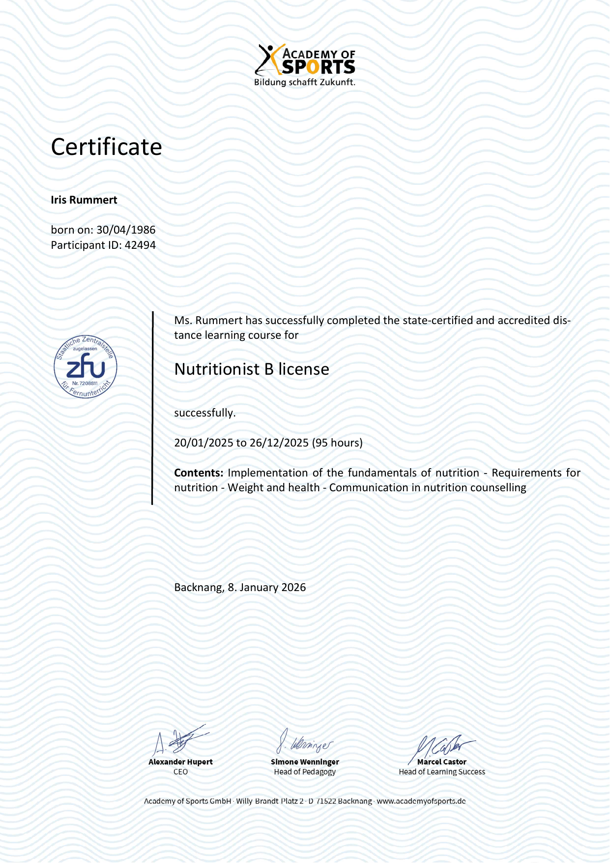 Nutrition Certificate